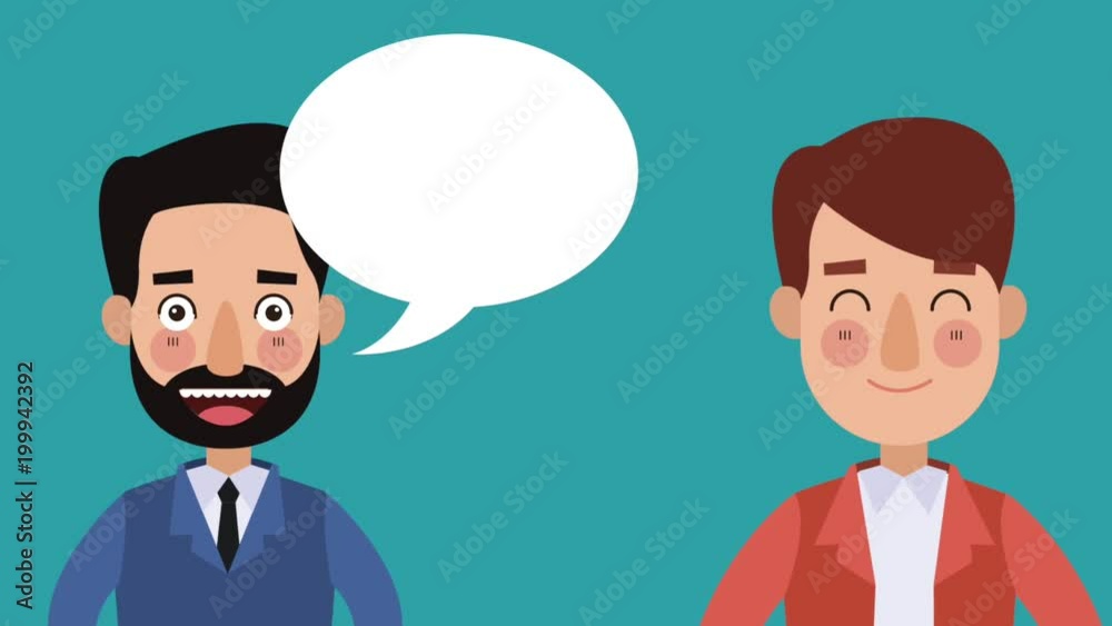 Businessmens talking with blank speech bubbles over blue background High Definition colorful animation scenes Businessmens talking with blank speech bubbles over blue background High Definition colorful animation scenes