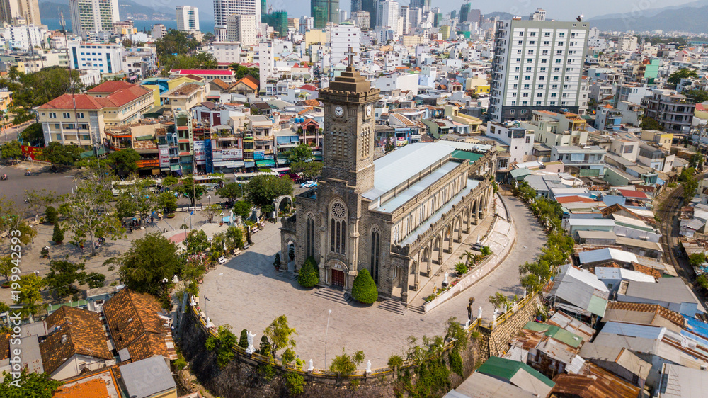 Aerial view on the Nha Trang cathedral in the city, Khanh Hoa province, Vietnam