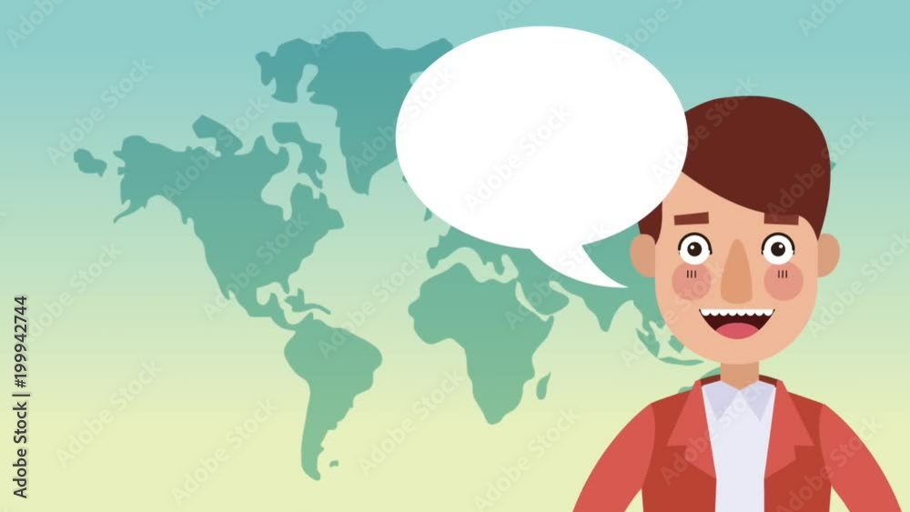 Young man talking with blank bubble speech over world map background High Definition colorful animation scenes Young man talking with blank bubble speech over world map background High Definition colorful animation scenes