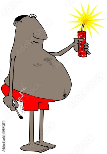 Illustration of an apprehensive black man holding a giant lit firecracker.