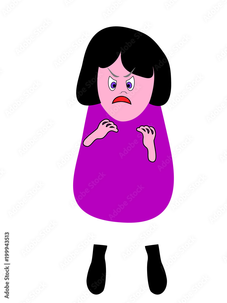 Cartoon funny girl is standing and angry. Evil displeased face of the character to something belligerently tuned Cartoon funny girl is standing and angry. Evil displeased face of the character to something belligerently tuned