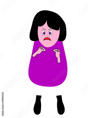 Cartoon funny girl is standing and angry. Evil displeased face of the character to something belligerently tuned