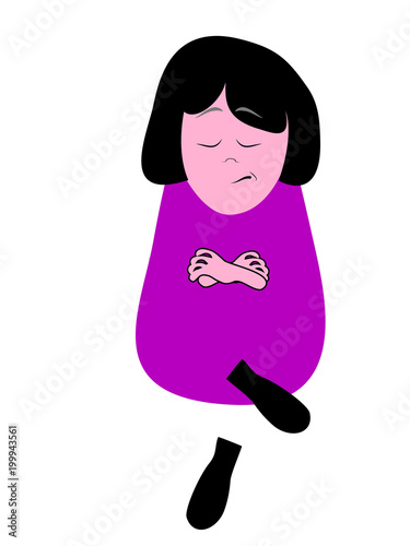 Cartoon funny girl sits leg on foot and arms crossed on chest. The displeased face of the character says that she doubts  or does not believe something