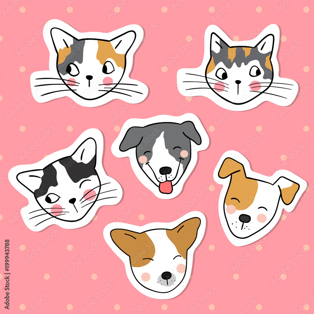 Hand draw vector collection sticker head of funny dog and cat on pink pastel color Doodle cartoon style