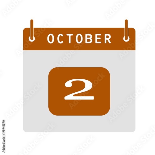 Calendar flat icon 2nd of October. Vector illustration.