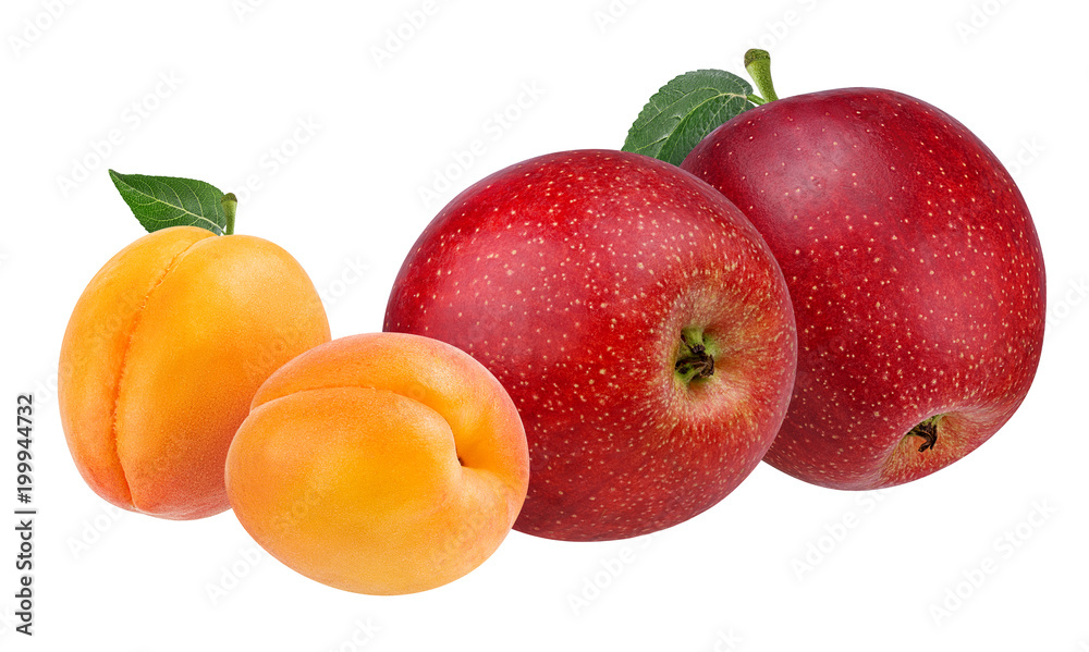 Fresh apricots and apples with leafs isolated on white background with clipping path Fresh apricots and apples with leafs isolated on white background with clipping path