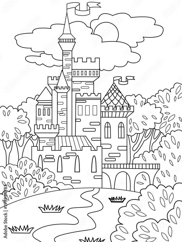 Childs colored picture Castle in the forest. The building is made of bricks in more often. Coloring for children. Black lines