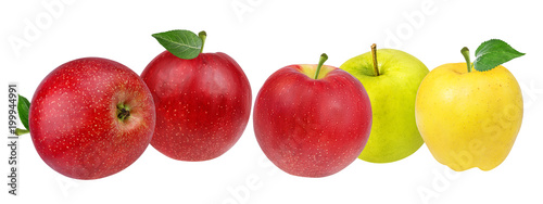 Fresh red green and yellow apples with leaf isolated on white background with clipping path