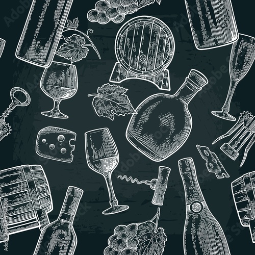 Seamless pattern drinks made from grapes. Wine, brandy, champagne bottle, glass