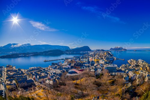 Beautiful view from the bird's eye view of Alesund port town on the west coast of Norway, at the entrance to the Geirangerfjord