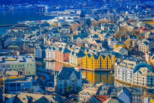 Beautiful outdoor view of colorful buildings from the mountain Aksla at the city of Alesund  Norway