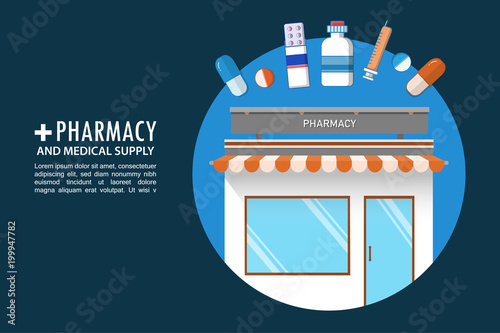 Pharmacy shop banner with medicines and medical icons.