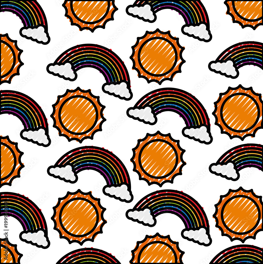 Naklejka premium clouds weather with sun and rainbow pattern vector illustration design