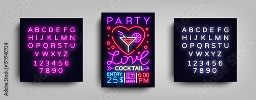 Cocktail party poster vector template. Love Cocktail party, Poster neon, Neon sign, Light banner, bright invitation, nightlife brochure, typography, postcard to Valentines day. Editing text neon sign