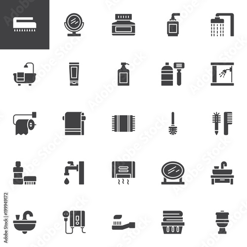 Toilet and Bathroom vector icons set, modern solid symbol collection, filled style pictogram pack. Signs, logo illustration. Set includes icons as Brush, Mirror, Cream, Shampoo, Shower, Bathtub, Foam