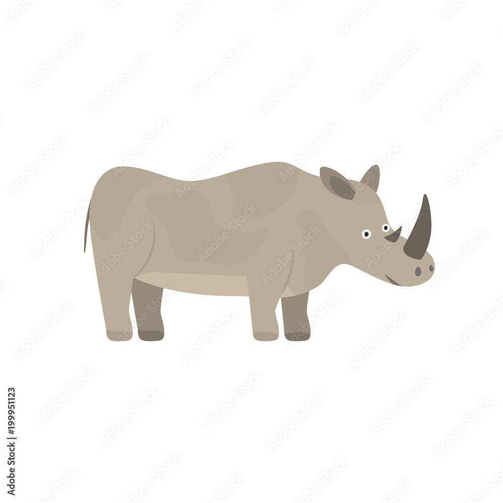 Fototapeta premium Cute cartoon yellow gray smiling rhinoceros character. Childish flat illustration of big hornbill for kids book design, stickers, educational and fun games, print