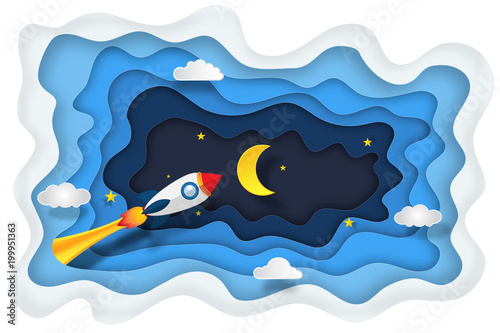 Origami layer skyscape of rocket launch , half moon, stars and clouds in the night as paper art, craft style and start up concept. vector illustrator.