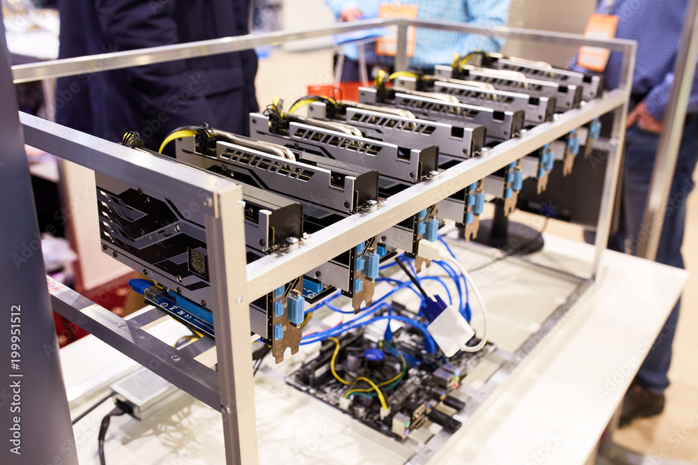 Crypto currency ethereum mining equipment rig - lots of gpu cards on  mainboard. Graphics processing units connected to motherboard with cables.  Server with decryption and encryption computing machines Stock Photo |  Adobe Stock