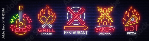 Bright neon symbols for food. Collection Design Elements, Neon Signs for Food, Mexican Cafe, Grill Chicken, Restaurant, Bakery Organic, Hot Pizza.Vector Illustration