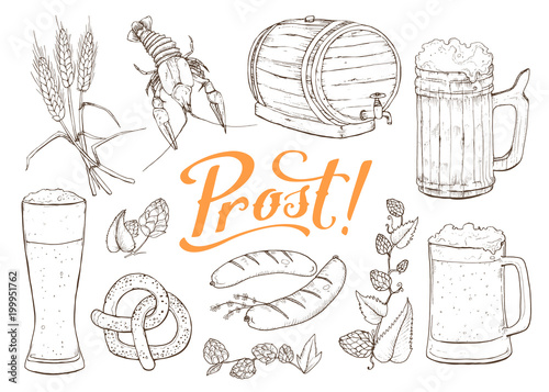 Beer vector sketch isolated on white background. Hand drawn design elements related to beer and Bavaria. Mugs, barrel, pretzel and sausages.