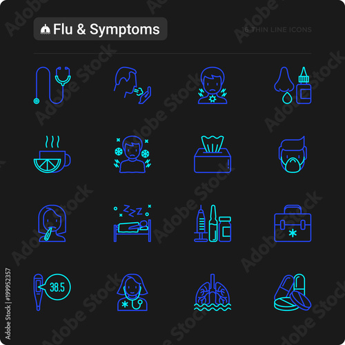 Canvas Print Flu and symptoms thin line icons set: temperature, chills, heat, runny nose, doctor with stethoscope, nasal drops, cough, phlegm in the lungs