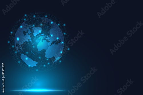 Global network connection. Blue globe hexagonal mesh and line isolated on white as business, composition concept. Vector Illustration.
