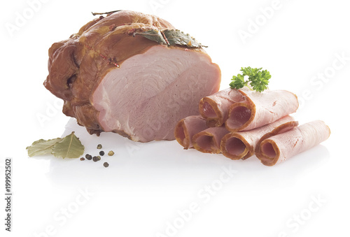 Piece of ham with leaf isolated on a white background