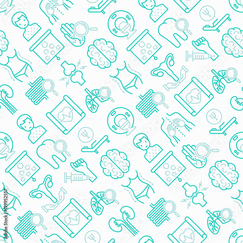 Hospital seamless pattern with thin line icons for doctor's notation: neurologist, gastroenterologist, manual therapy, ophtalmologist, cardiology, allergist, dermatologist. Vector illustration.