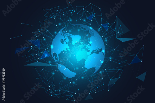 Global network connection. Blue globe hexagonal mesh and line isolated on white as business, composition concept. Vector Illustration.