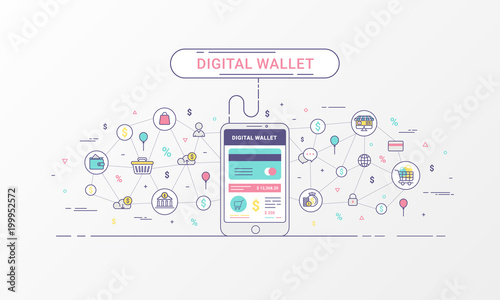 Digital wallet and Mobile wallet . Payment from or via a mobile device. Flat line style design for web banner, commercial, poster design and advertising. Vector illustration.