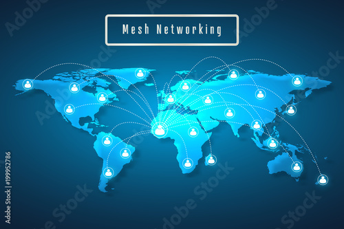 Glowing global network connection. World map hexagonal mesh and line as business, composition concept. Vector Illustration.