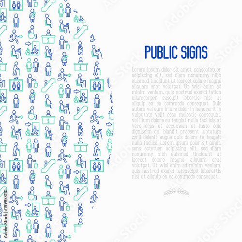 Public signs concept thin line icons: information stand, fire or emergency exit, use trash can, seats for pregnant women, disabled, elderly people, woman with child, elevator, WC. Vector illustration.