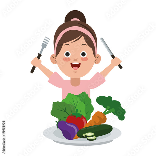 Cute girl eating fruits with cutlery vector illustration graphic design