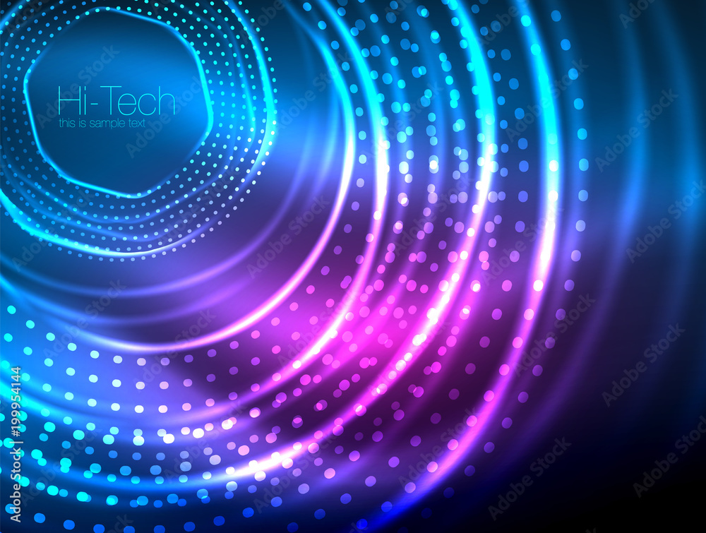 Magic neon circle shape abstract background, shiny light effect template for web banner, business or technology presentation background or elements, vector illustration Magic neon circle shape abstract background, shiny light effect template for web banner, business or technology presentation background or elements, vector illustration