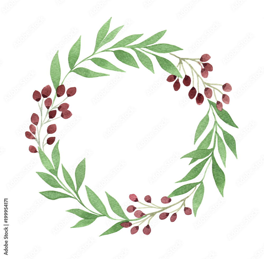 Fototapeta premium watercolor wreath with green twigs and dogrose berries, elegant gyrland illustration, plant frame for text, invitation of logo