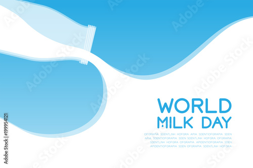 Milk bottle pouring, World Milk Day concept flat design illustration isolated on blue gradient background with copy space, vector eps 10