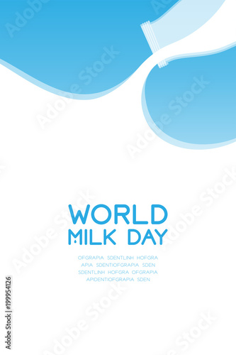 Milk bottle pouring, World Milk Day concept flat design illustration isolated on blue gradient background with copy space, vector eps 10