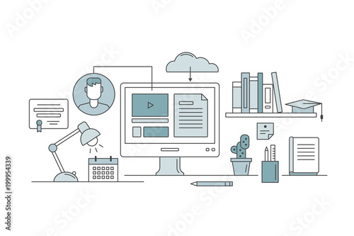 Online education and e-learning concept flat vector illustration