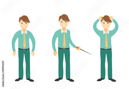 Young businessman disappointed and feels stressed. Vector characters set