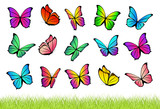 Watercolor flying butterflies isolated on transparent background with seamless grass border. Pretty vector butterfly set with spring palette for child. Decoration elements.