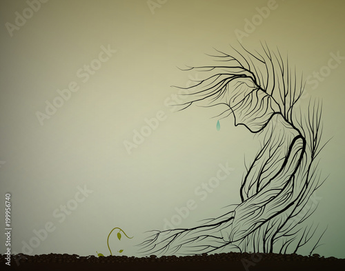 tree cries because small sprout die, dying forest concept, save the last tree idea,