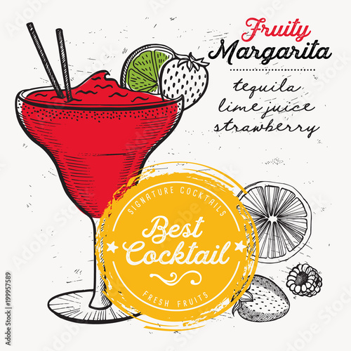 Cocktail margarita for bar menu. Vector drink flyer for restaurant and cafe. Design poster with vintage hand-drawn illustrations.