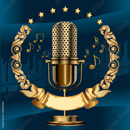 Ornate golden microphone decorative emblem 