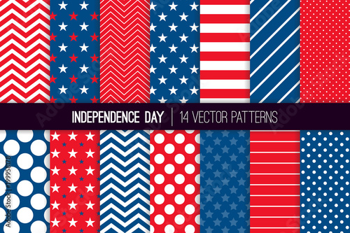  Independence Day Vector Patterns in Red White Blue Stars, Stripes, Polka Dots and Chevron. American 4th of July Party Celebration Backgrounds. Repeating Pattern Tile Swatches Included.