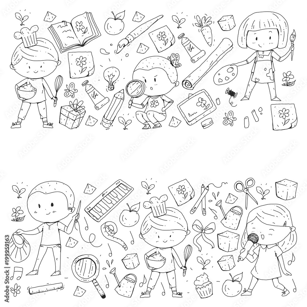 Children. School and kindergarten. Creativity and education. Music. Exploration. Science. Imagination. Play and study. Cooking. Singing. Reading. Different hobby and lessons. Vector illustration