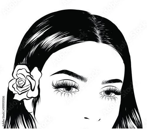 Illuistration of a girl with silky hair with flower on the head. Perfect salon look.Trendy poster for textile, fabric, web, wallpaper, poster, home design, office design.