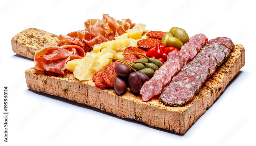 Meat and cheese plate with salami sausage, chorizo, parma and parmesan cheese Meat and cheese plate with salami sausage, chorizo, parma and parmesan cheese