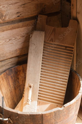 Wooden washboard and bowl made of boards
