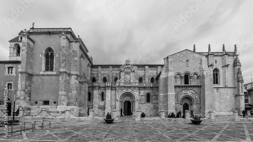 View of the Basilica of San Isidoro in Leon  Spain   with a sky covered with clouds. April of 2018