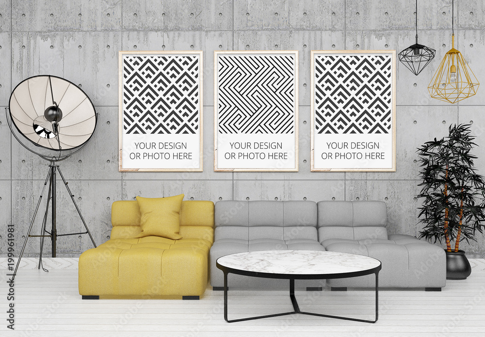3 Vertical Posters Above Living Room Sofa Mockup Stock Template | Adobe  Stock